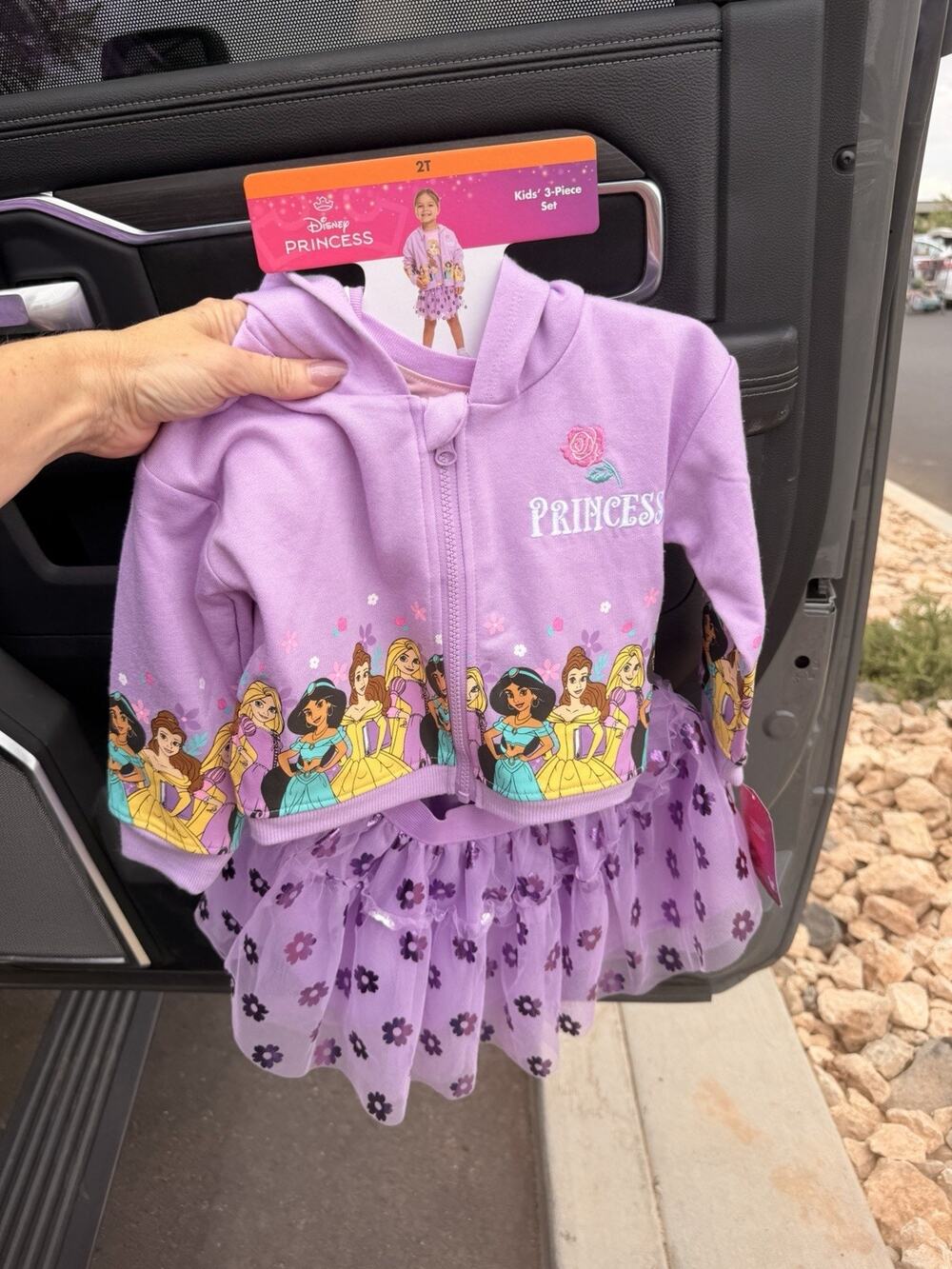 2T Disney Princess Girls 3pc Hooded Zip Jacket T-Shirt Tulle Skirt Set Clothes